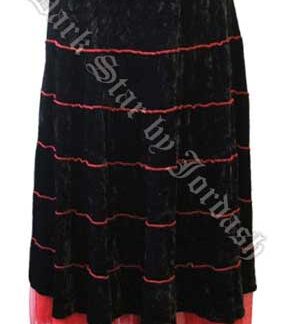 Black velvet long skirt with red overlock
